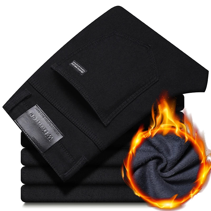 Men Black Straight Stretch Denim Thick Velvet Pants