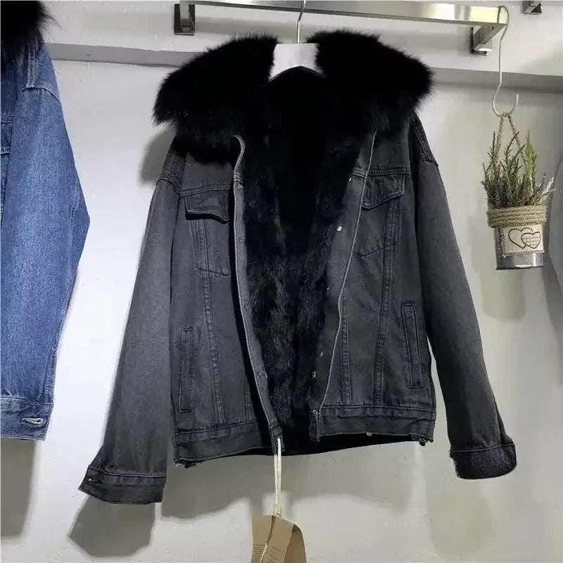 Women Denim  Jackets Fleece Outerwear Casual Warm