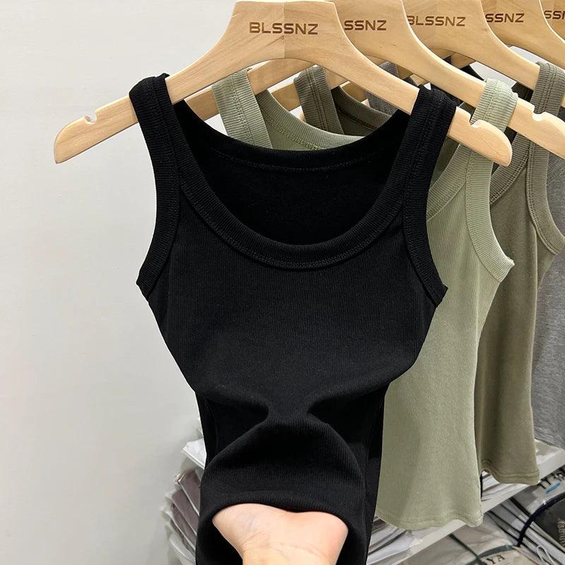 Women 2025 Summer Basic Elastic Tank Top O Neck Solid Top