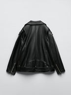 Women Loose Motorcycle Biker Black Leather Jacket with Belt