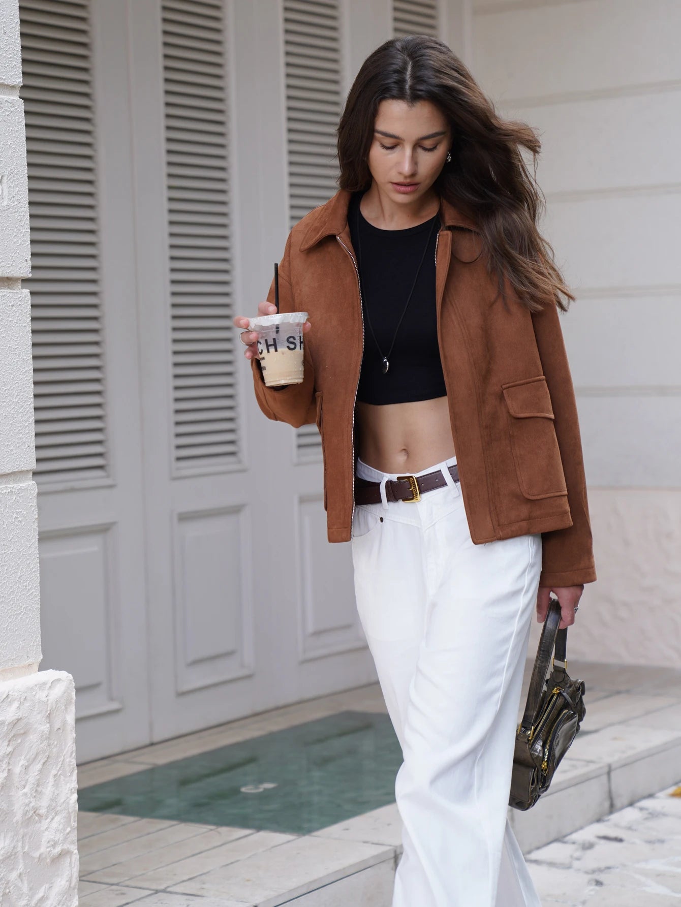 Women Fashion Basic Short Suede Pockets Jacket and Coat