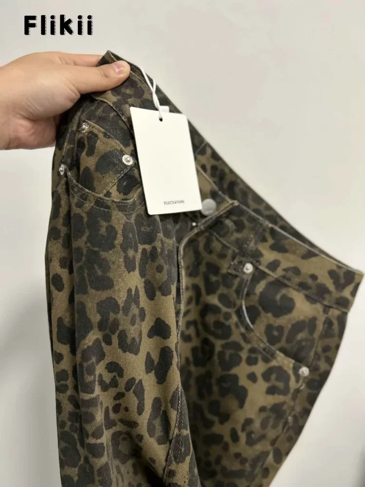 American Retro Leopard High Waist Baggy Jeans Women's Casual Pockets