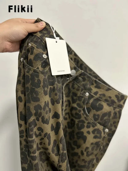 American Retro Leopard High Waist Baggy Jeans Women's Casual Pockets