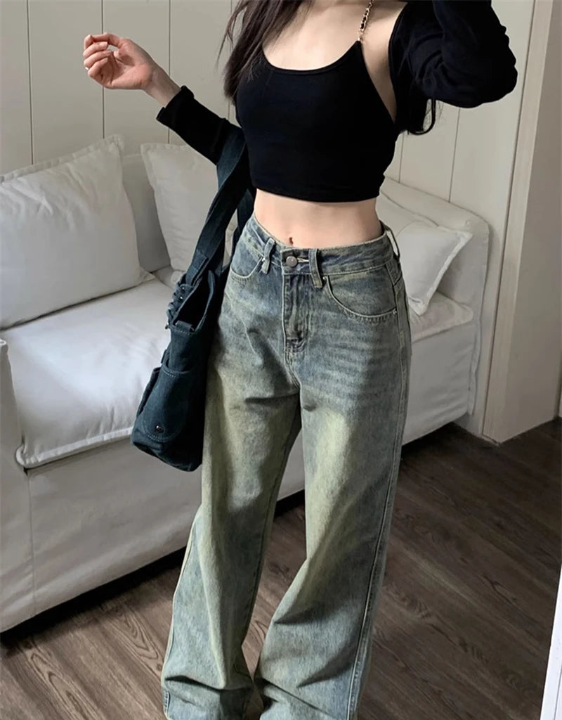 Retro Washed Vintage Jeans For Women Loose Wide Leg Pants Casual Pants