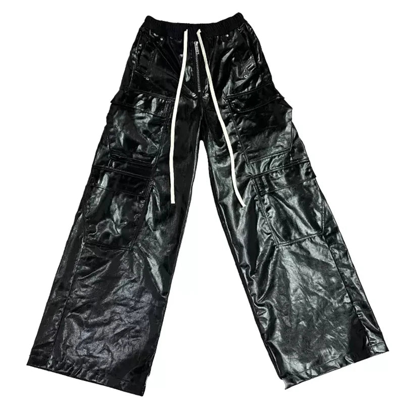 Autumn Cool Black Shiny Reflective Leather Wide Leg Pants for Men