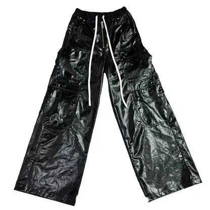 Autumn Cool Black Shiny Reflective Leather Wide Leg Pants for Men