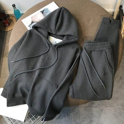 Top Trousers Set Shrinkable Solid Color Women Hoodie Jogging Pants