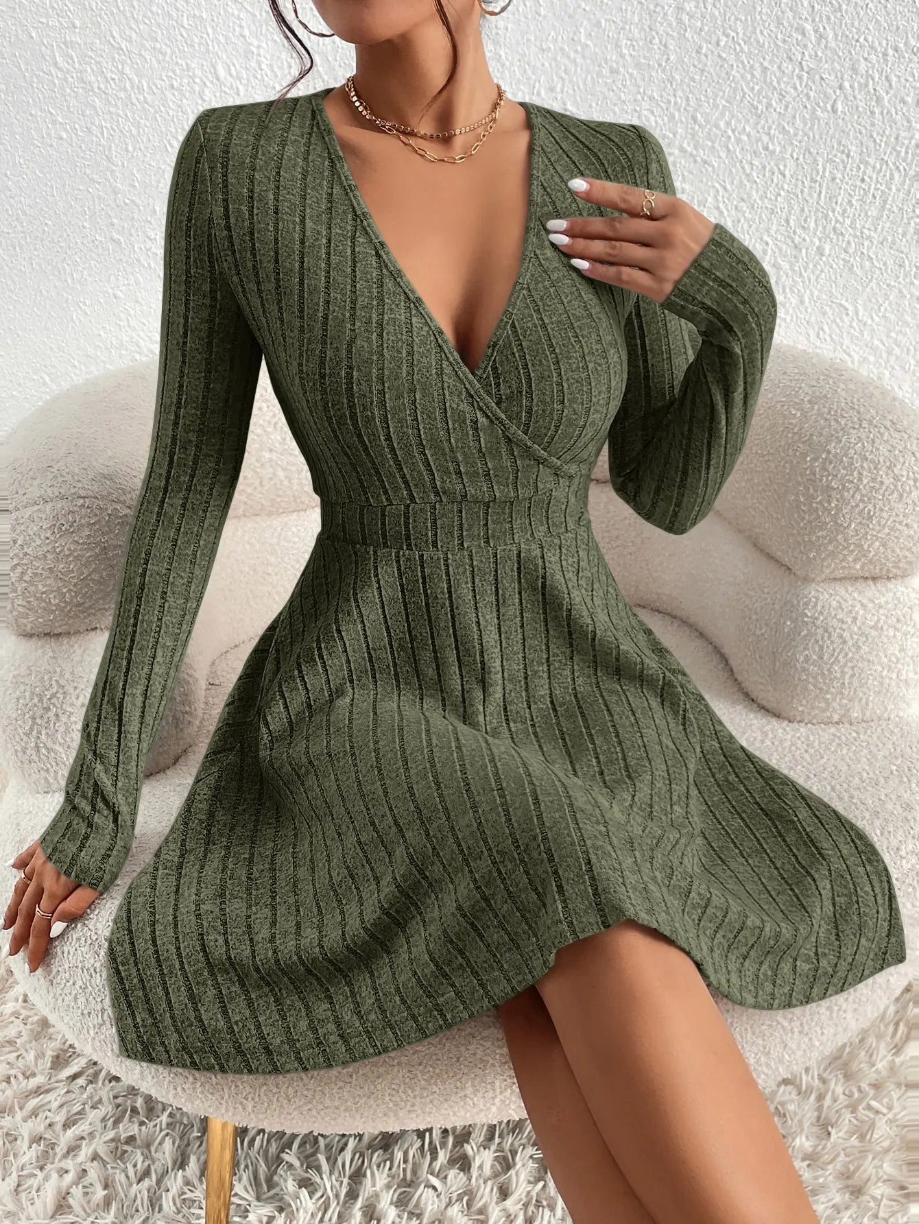 New Women Knit Slim Sexy Dress V-Neck Long Sleeve Dress