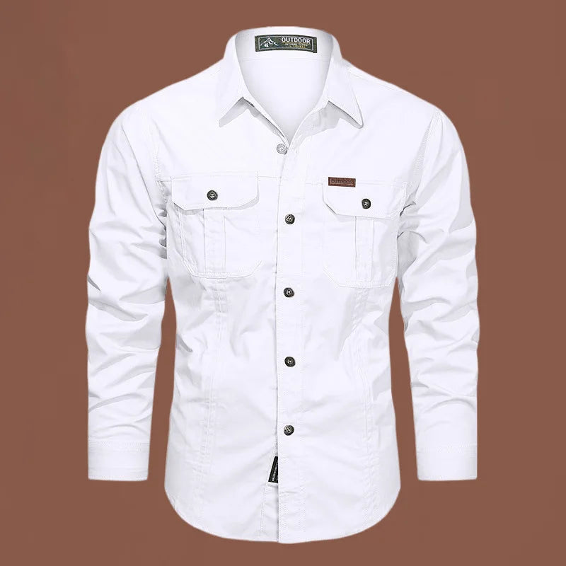 Spring Cotton Cargo Shirt for Men Long Sleeve Multi-Pocket Shirts