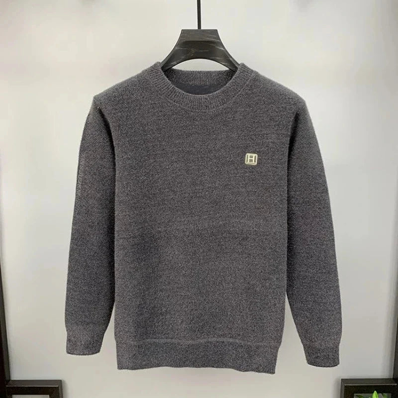 Men's Warm Fleece Sweater O-Neck Embroidered Casual Knitted Inner