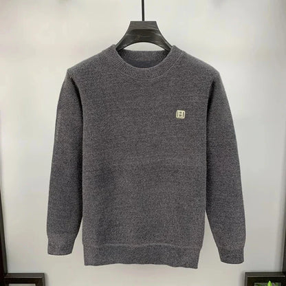 Men's Warm Fleece Sweater O-Neck Embroidered Casual Knitted Inner