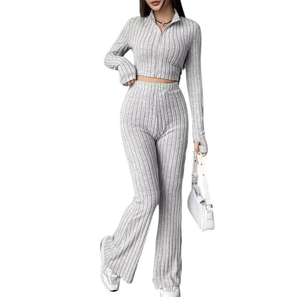 Long Sleeved Short Top and High Waisted Flared Pants Set for Women's Casual Wear