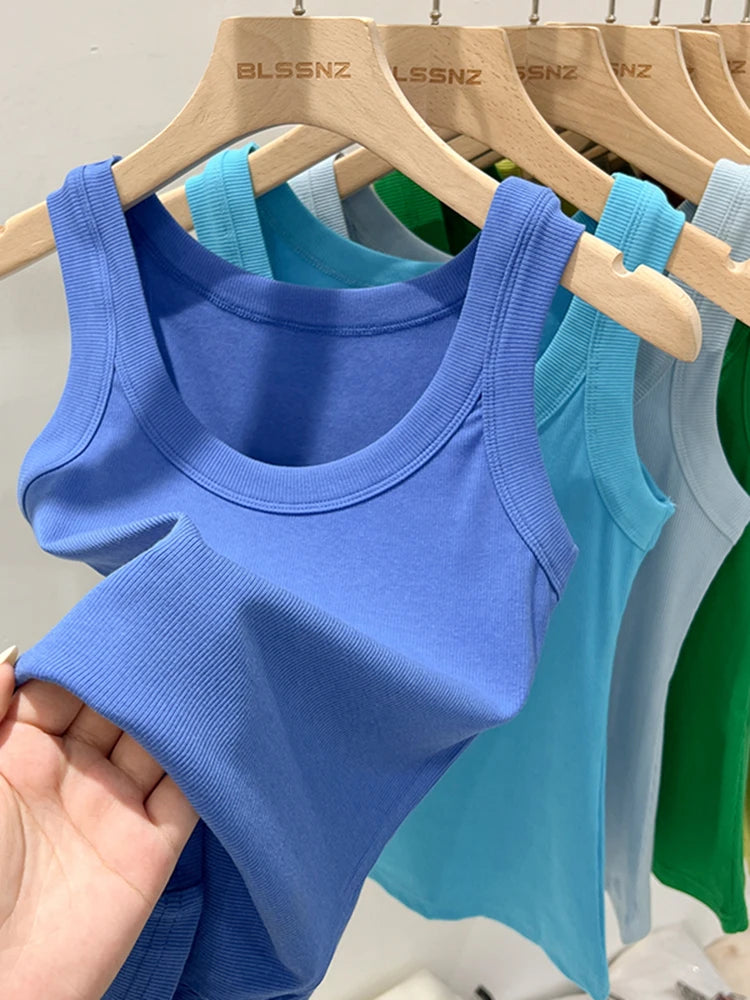 Women 2025 Summer Basic Elastic Tank Top O Neck Solid Top
