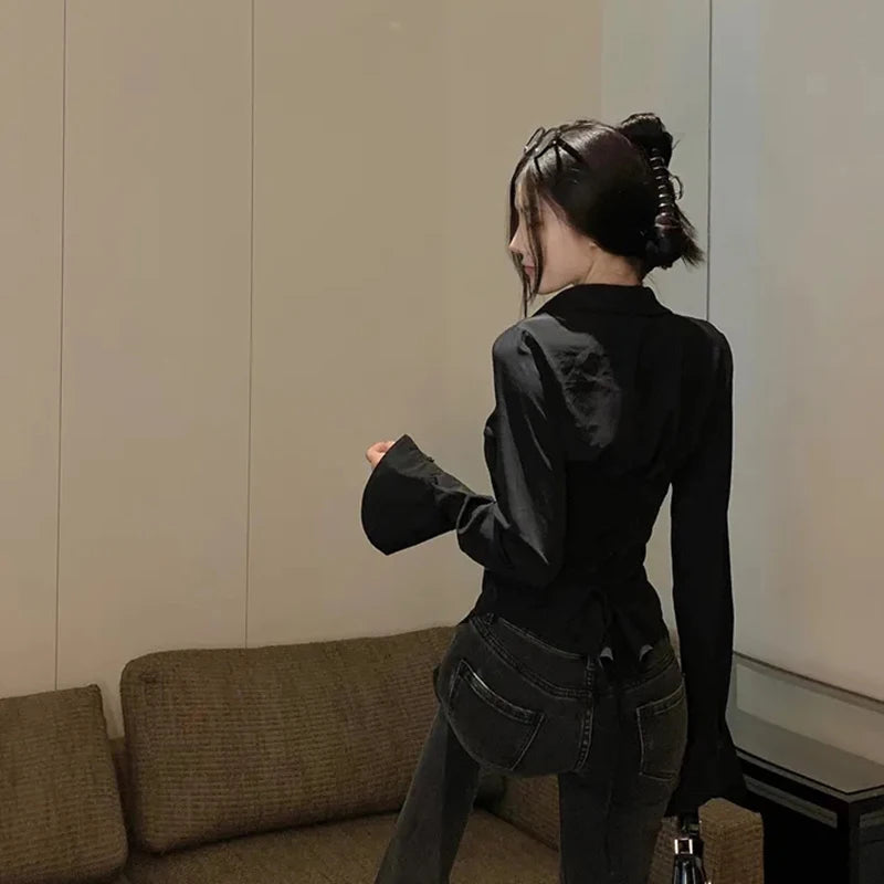 Women Bandage Shirts Korean All Match Streetwear Female Slim Blouse