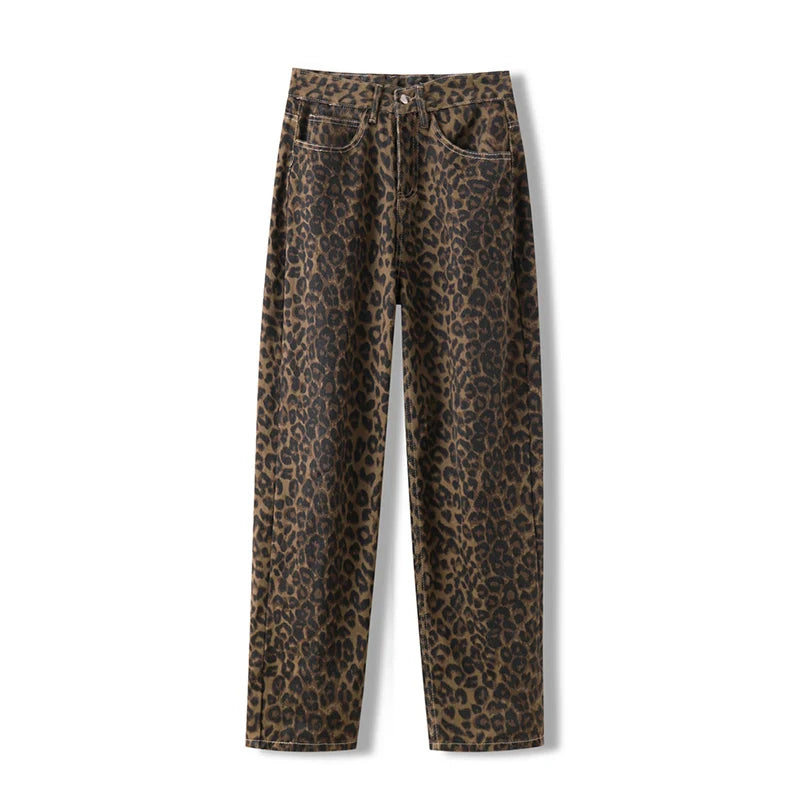 Leopard Print Jeans for Women Wide Leg Baggy Jeans