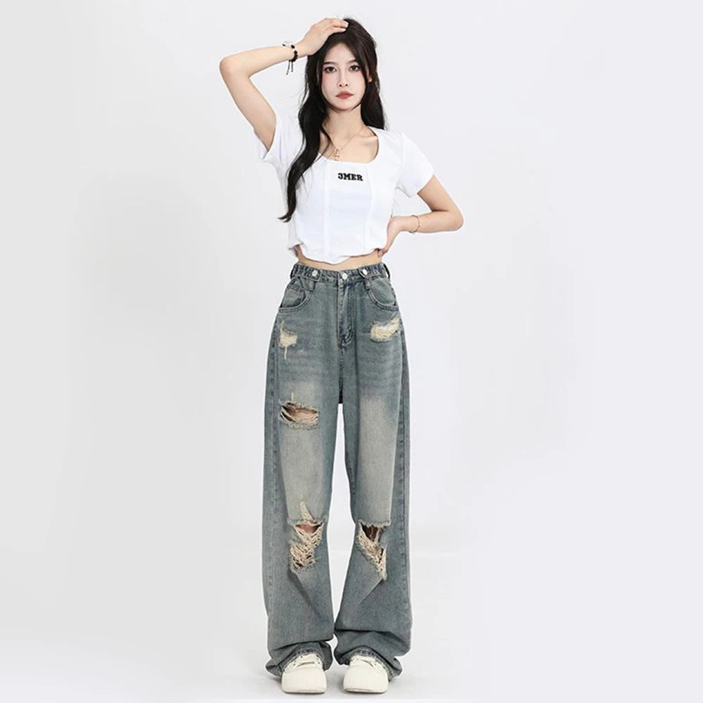 American Retro Hole-punched Jeans Women High Waist