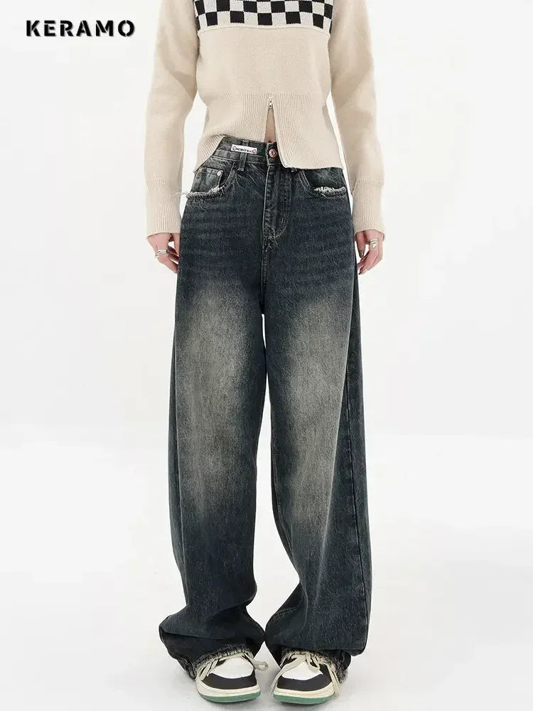 Streetwear Women High Waist Jeans Loose Wide Leg Straight Loose Denim Trousers
