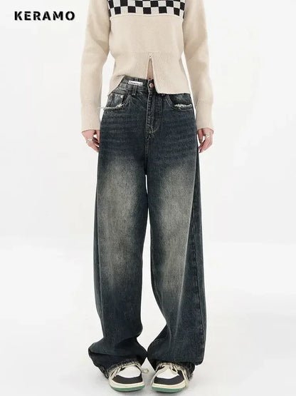 Streetwear Women High Waist Jeans Loose Wide Leg Straight Loose Denim Trousers