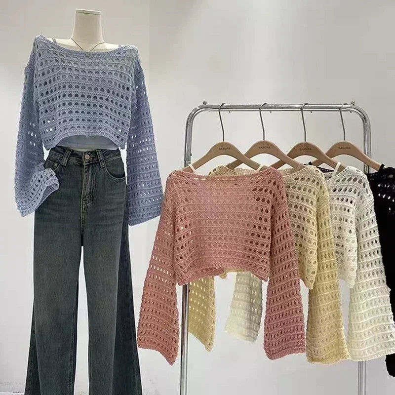 Long Sleeve Crochet Knit Top Pullover Wool Knitwear Outfit