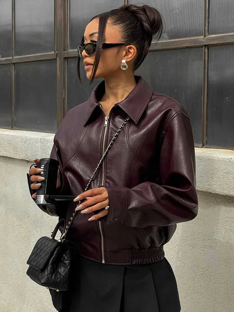 Women Chic Brown Leather Jacket With Belt Chic Long Sleeve Laple Zipper Short Coats