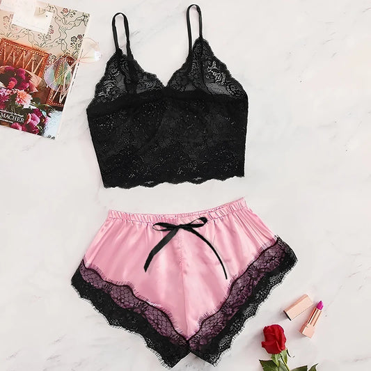 Chic Lace Nightwear Set – Feminine Sheer Design in Black and Pink