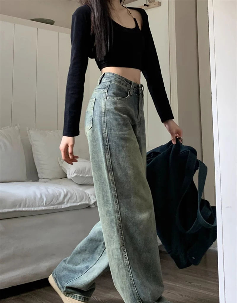 Retro Washed Vintage Jeans For Women Loose Wide Leg Pants Casual Pants