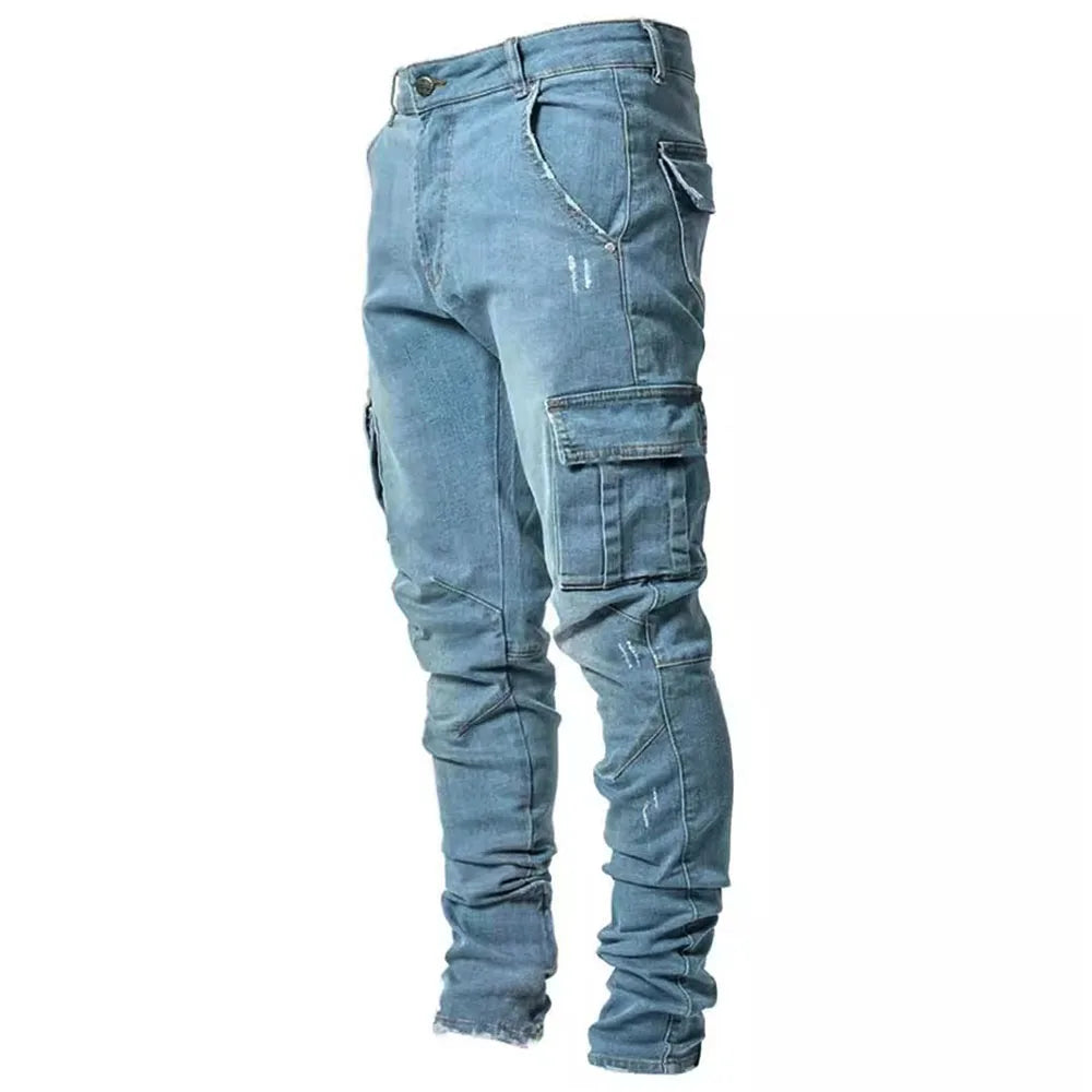 Men  Denim Brand Jeans Narrow Legs Multi Pockets Cargo Pants