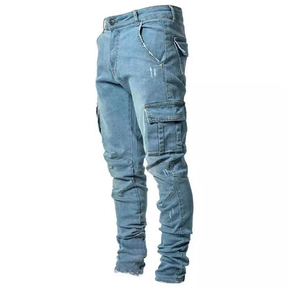 Men  Denim Brand Jeans Narrow Legs Multi Pockets Cargo Pants