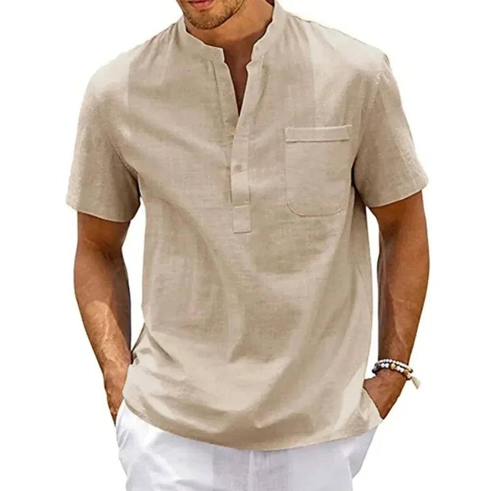 Cotton Shirt Men Neck Pocket Casual Beach Short T-shirts Vintage Streetwear