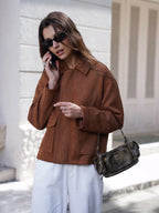 Women Fashion Basic Short Suede Pockets Jacket and Coat