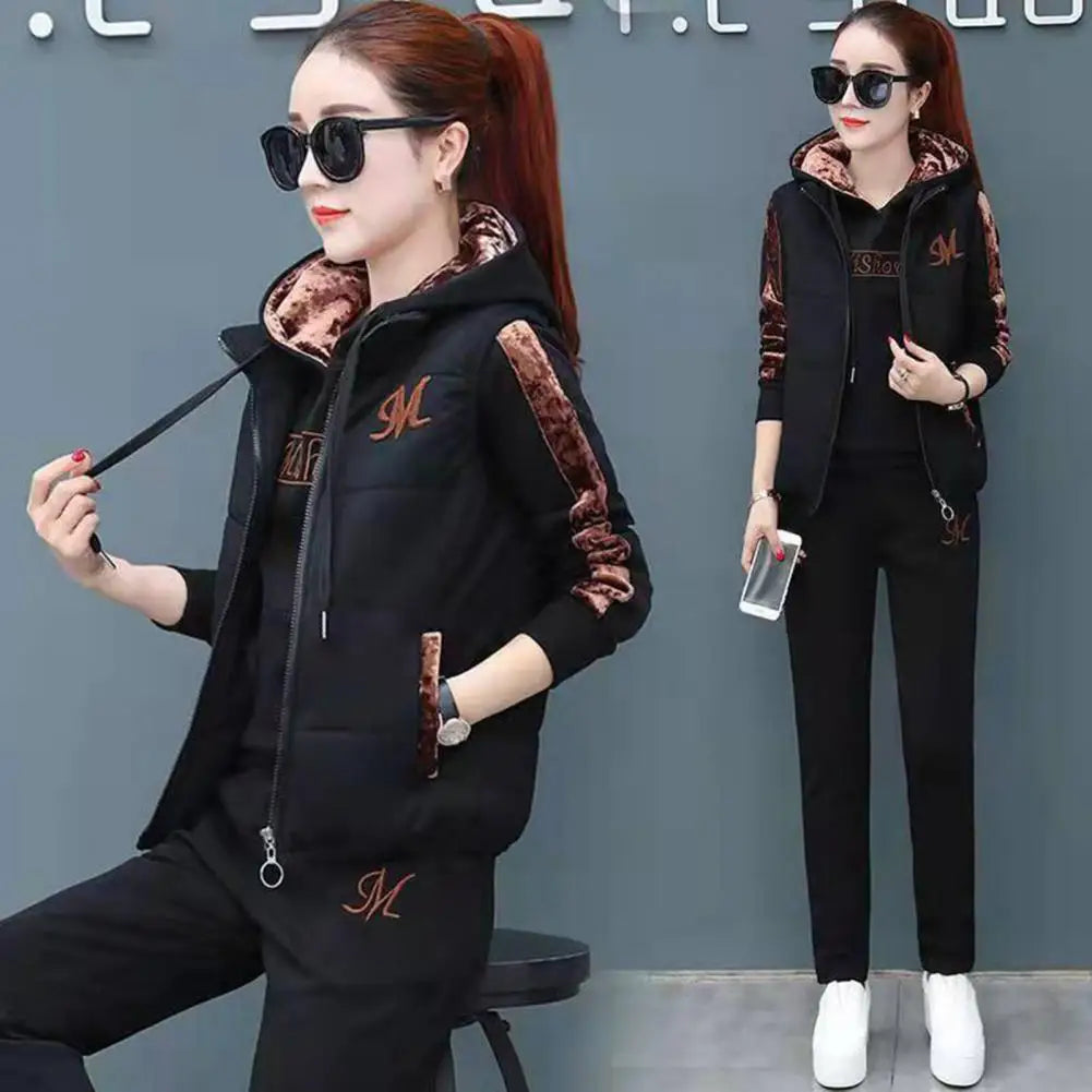 Women's Waistcoat Set Letter Embroidery Hooded Drawstring Elastic Cuff Soft for Fall