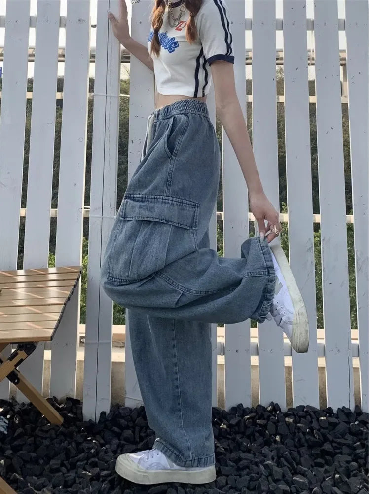 Straight Leg Jeans For Female Loose And Multi Pocket Wide Leg Pants