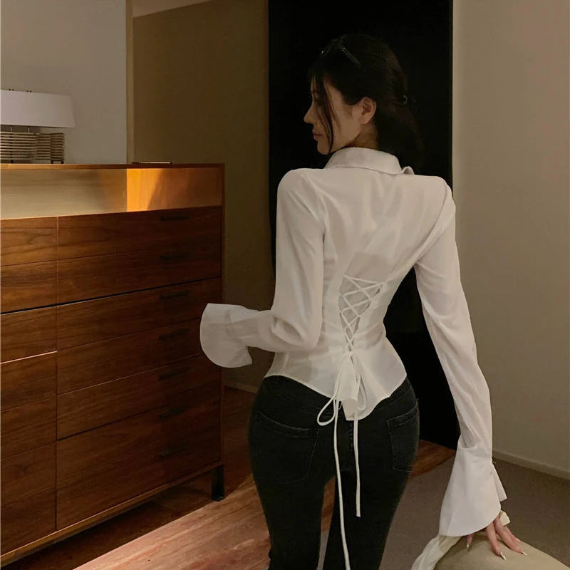 Women Bandage Shirts Korean All Match Streetwear Female Slim Blouse