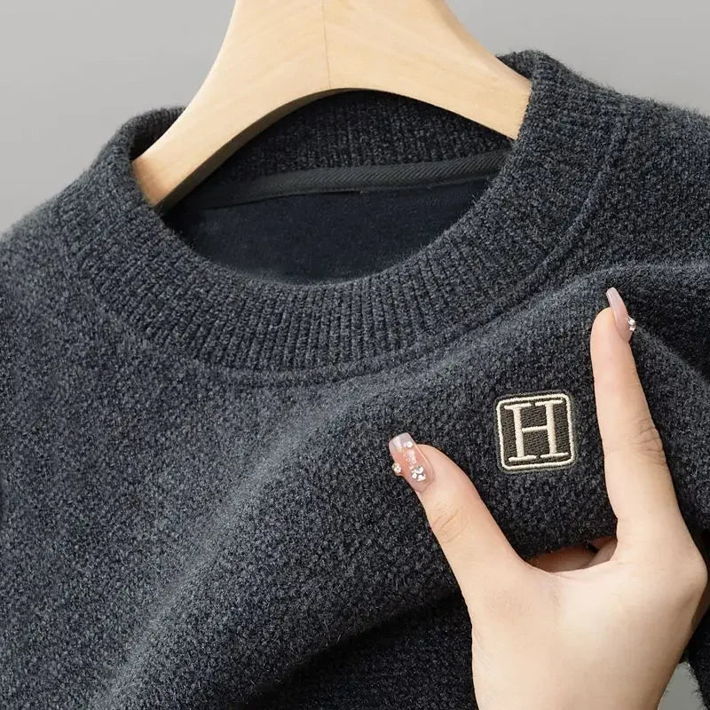 Men's Warm Fleece Sweater O-Neck Embroidered Casual Knitted Inner