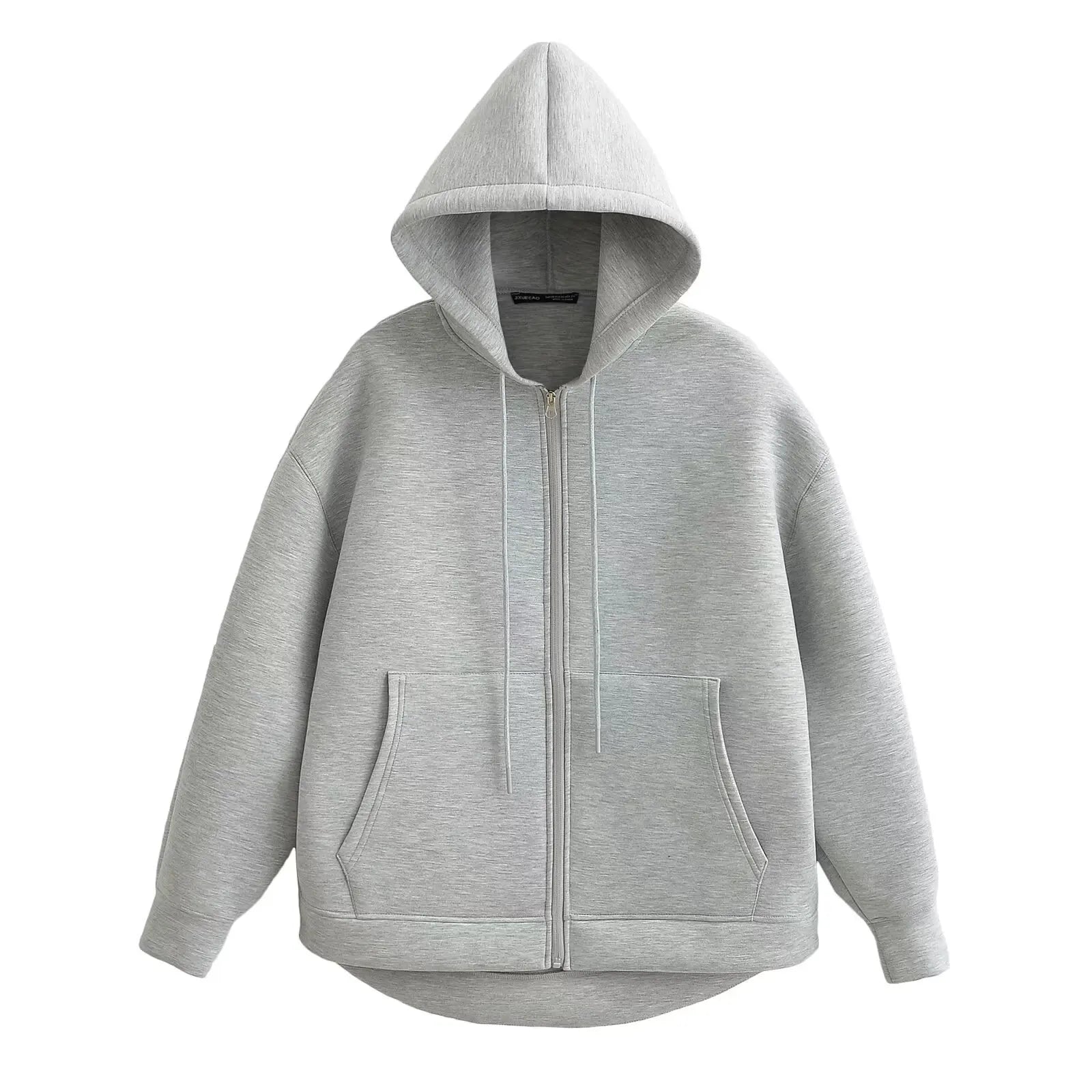 Women Gray Jacket With Hood Long Sleeve Big Pocket