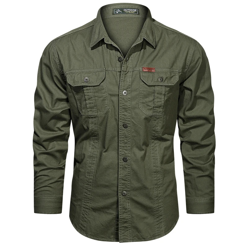 Spring Cotton Cargo Shirt for Men Long Sleeve Multi-Pocket Shirts
