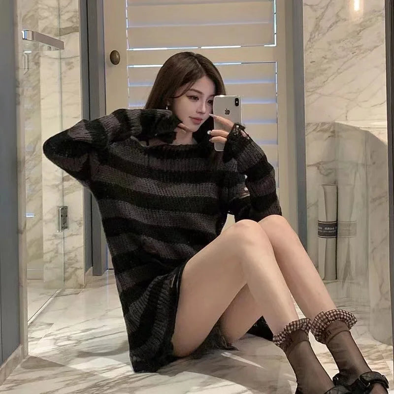 Unisex Sweater Summer Women Striped Cool Hollow Out Hole Streetwear Top