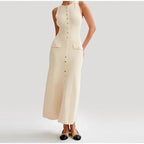 Long Dresses Women Solid Sleeveless O Neck Button