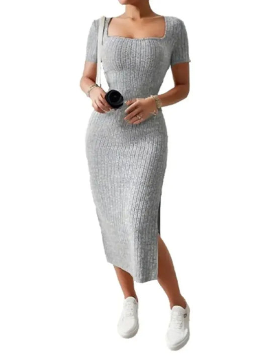 Square Neck Hip-Hugging Mid-Length Skirt, Short-Sleeved