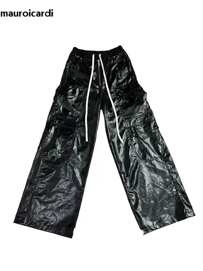 Autumn Cool Black Shiny Reflective Leather Wide Leg Pants for Men