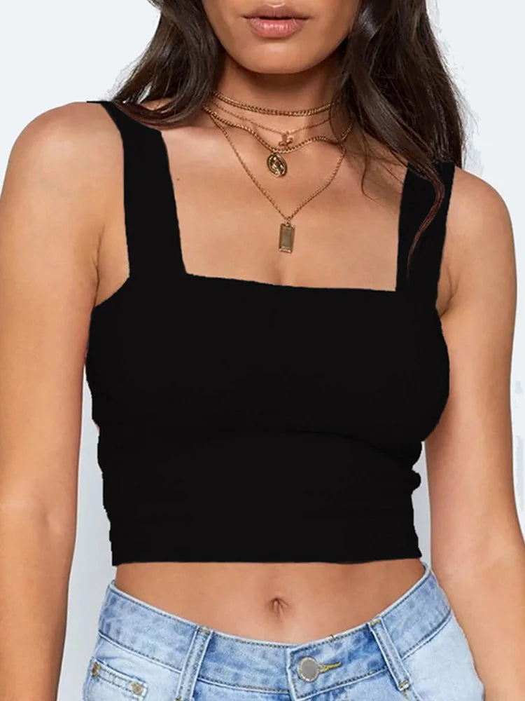 Square Neck Sleeveless Summer Crop Top White Women Black Casual Basic T Shirt