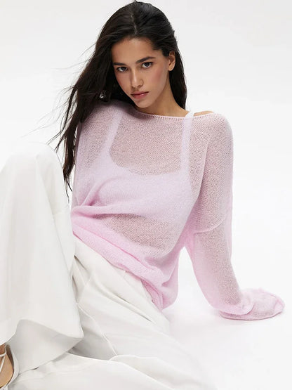 Pullover Women's Solid See-through T-Shirt Loose Casual Pullover