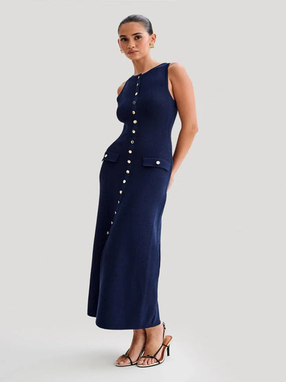 Long Dresses Women Solid Sleeveless O Neck Button