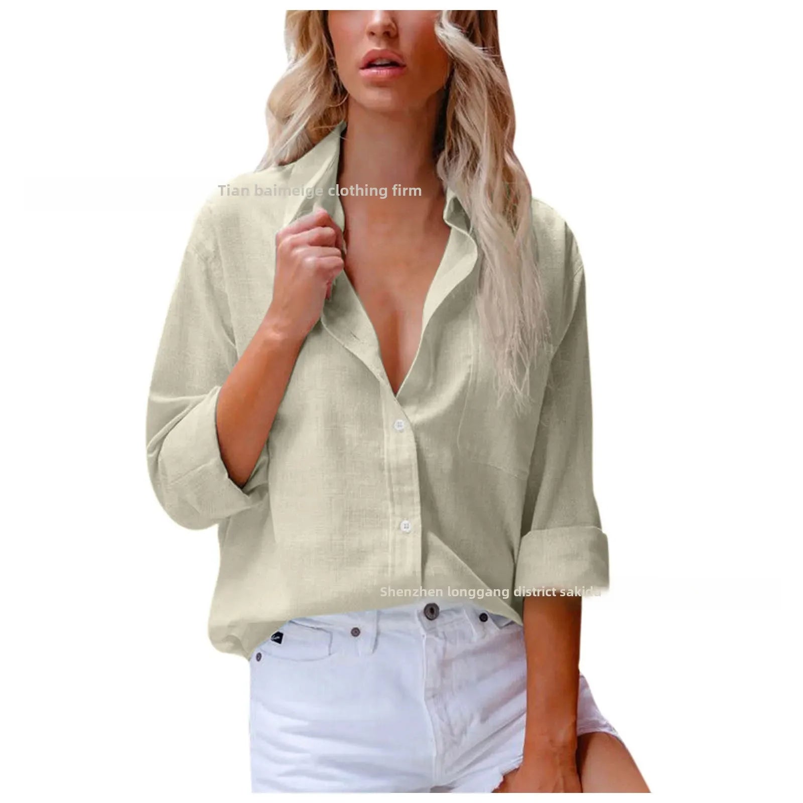 New Export Single-breasted Lapel Pure Color Long-sleeved Cotton Loose Shirt for Women