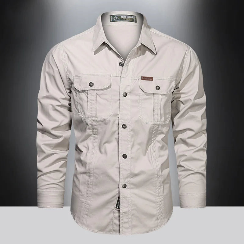 Spring Cotton Cargo Shirt for Men Long Sleeve Multi-Pocket Shirts