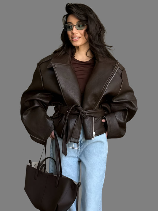 Women Chic Brown Leather Jacket With Belt Chic Long Sleeve Laple Zipper Short Coats