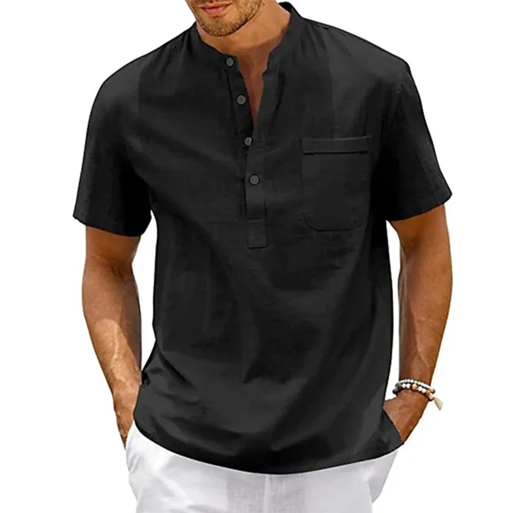 Cotton Shirt Men Neck Pocket Casual Beach Short T-shirts Vintage Streetwear