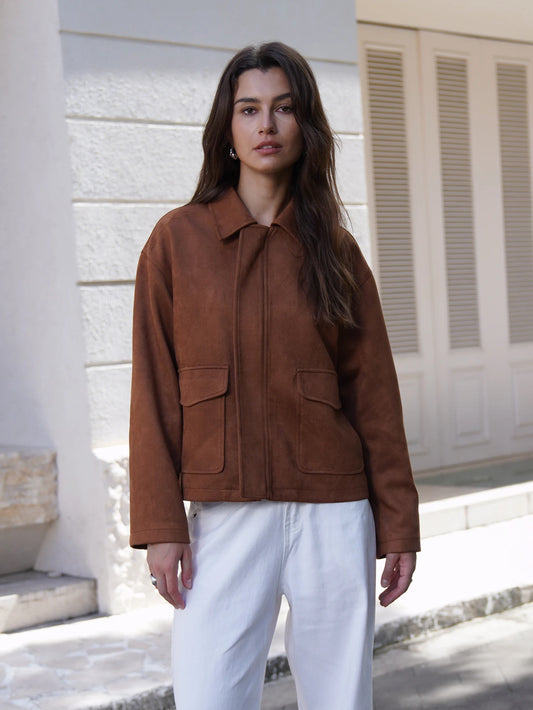 Women Fashion Basic Short Suede Pockets Jacket and Coat