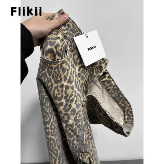 American Retro Leopard High Waist Baggy Jeans Women's Casual Pockets