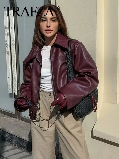 Leather Fashion Outerwear Thicken Zipper  Streetwear Ladies Tops Women